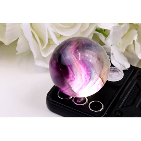 Koule fluorit 52 mm - fialová s růžovým páskem č. 855